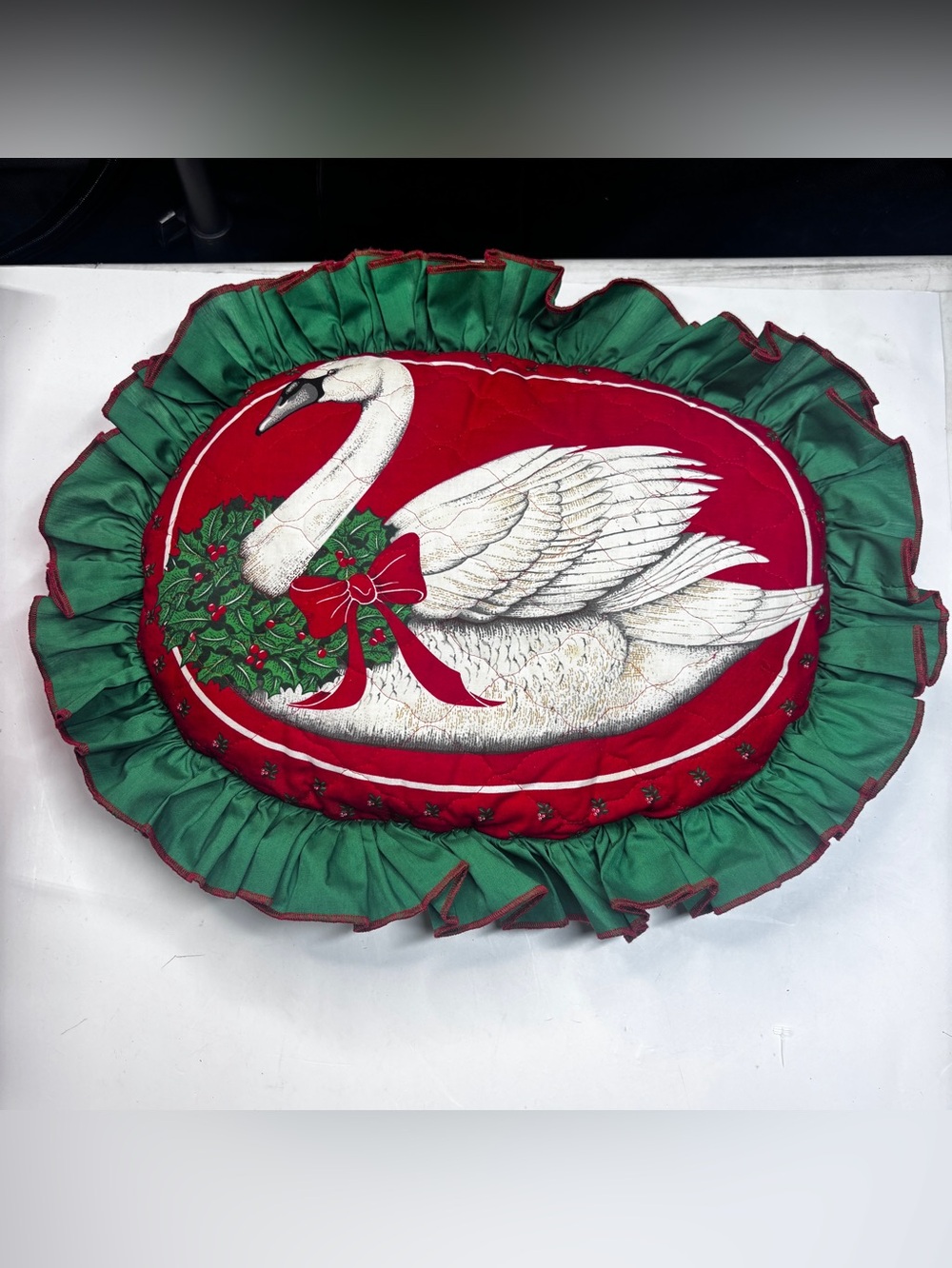 Vintage Christmas Swan Holly Wreath Toss Pillow Seasonal Grandma core Country - Picture 2 of 10